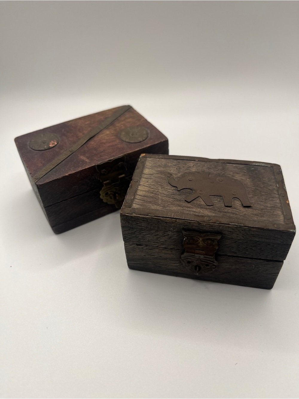 2 Wooden Handcrafted Keepsake Boxes with Elephant and ying yang motifs